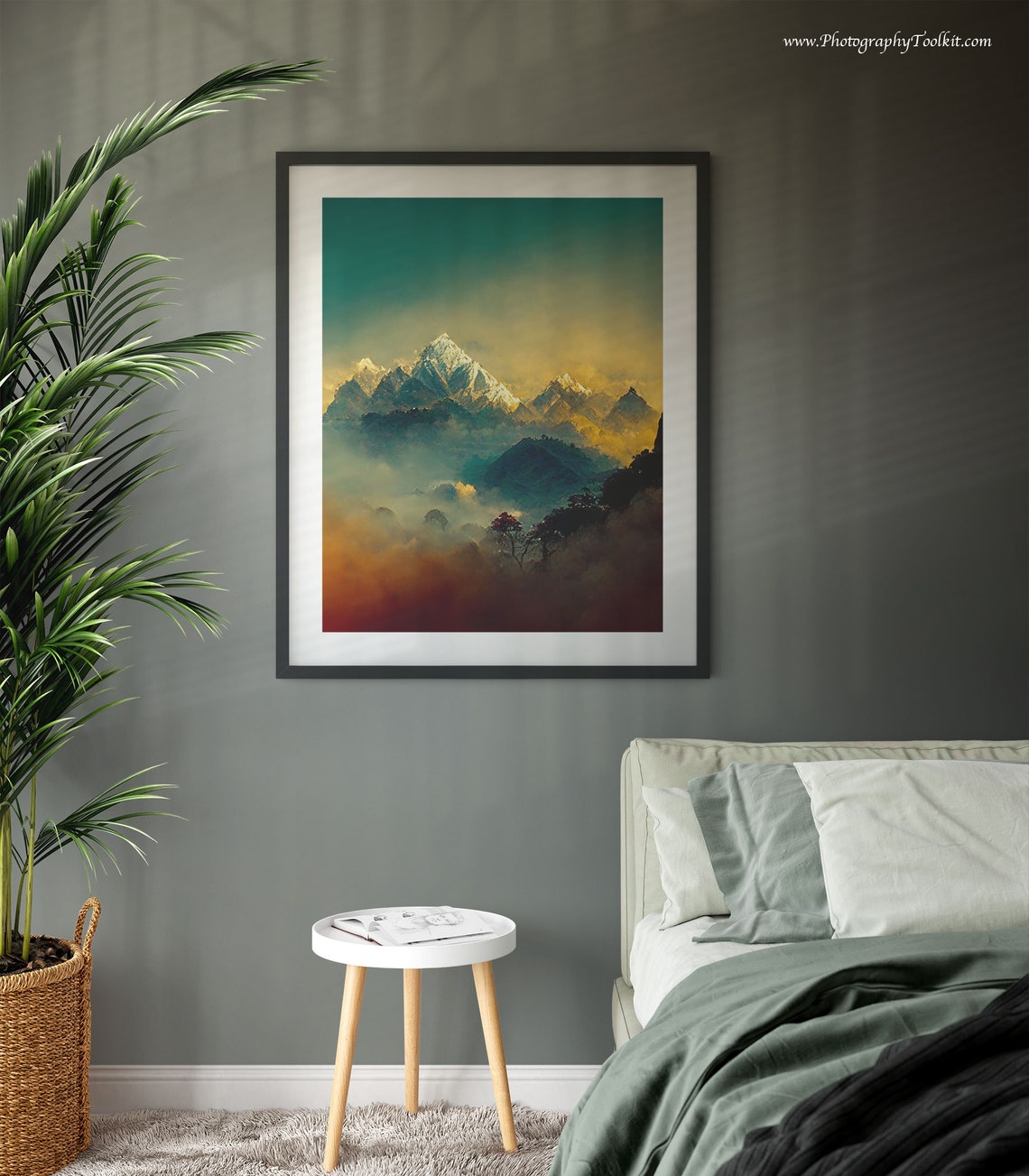 Himalaya Peaks Golden Sunset Mist Lone Tree Mountain Landscape Print - Image 3