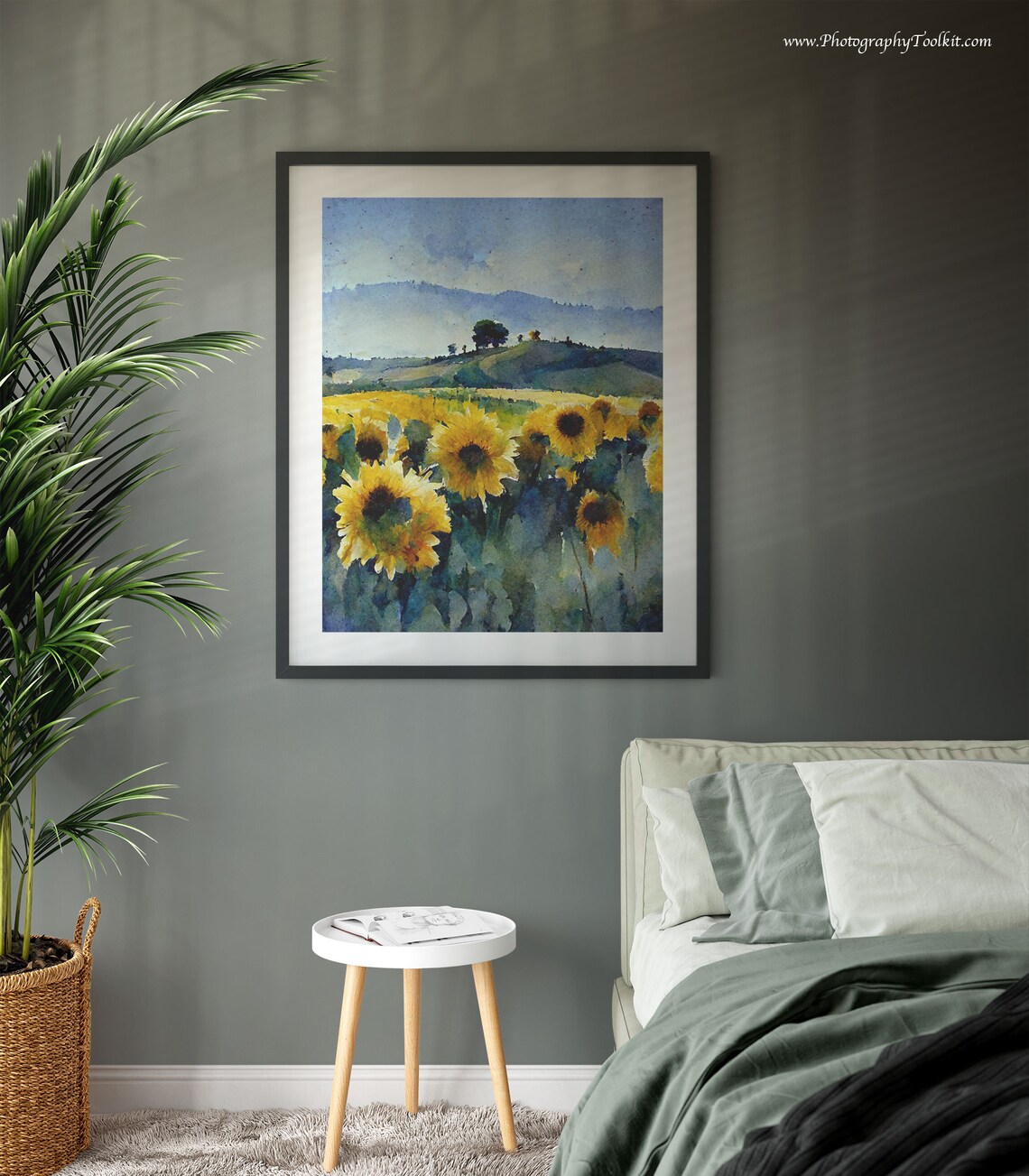 Sunflower Field Blue Hills Watercolor Summer Floral Meadow Poster - Image 3