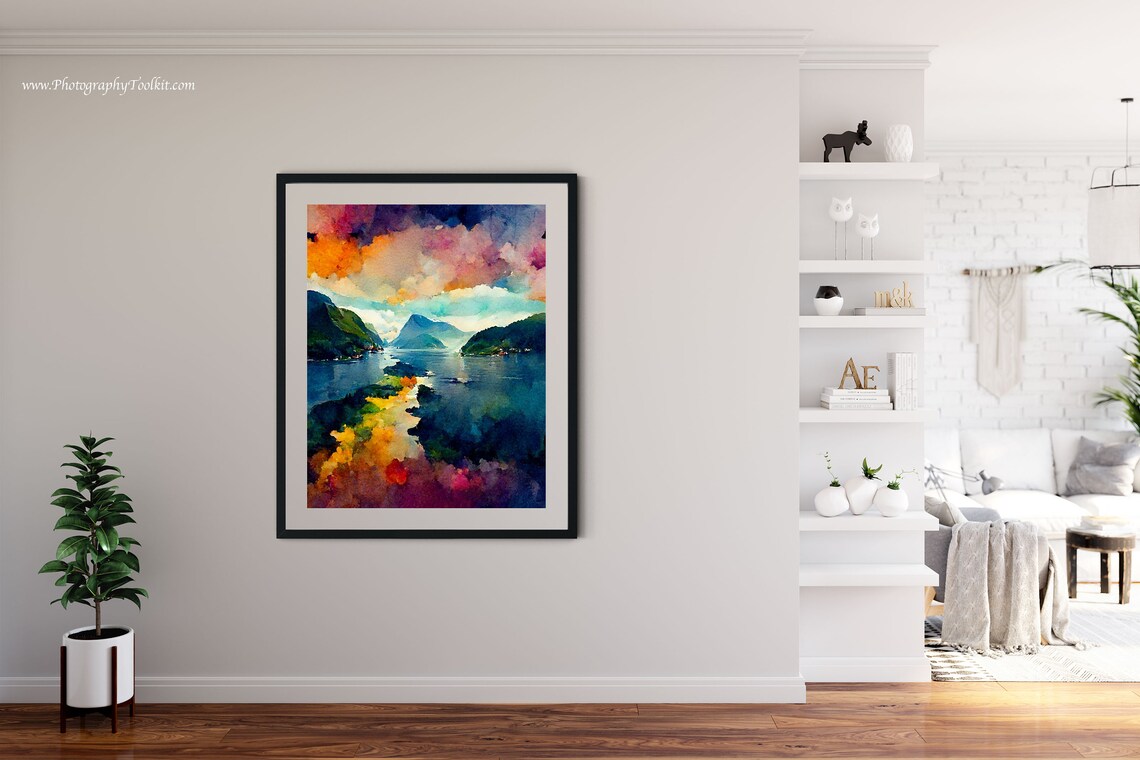 Norwegian Fjord Sunset Reflection Colorful Sky Watercolor Poster - Image 4