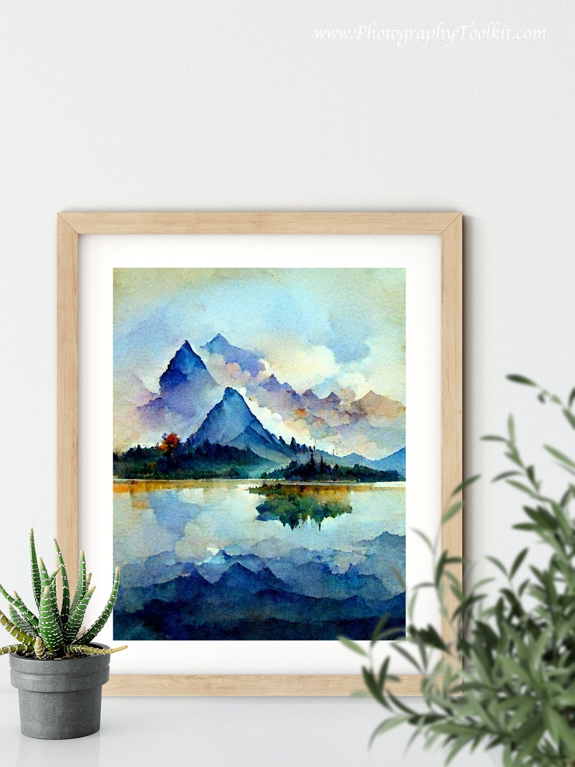 Misty Purple Mountain Peaks Reflected in a Still Lake Watercolor Poster - Image 5