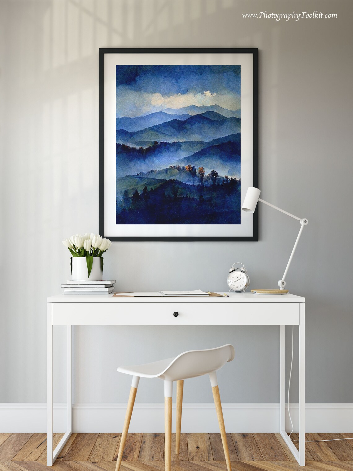 Misty Blue Mountain Watercolor Foggy Ridge Peaceful Nature Art Poster - Image 2