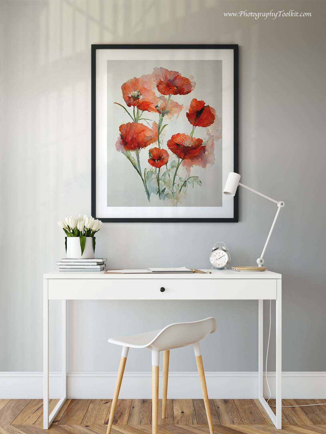 Red Poppy Stems Loose Watercolor Gray Wash Floral Botanical Poster - Image 2