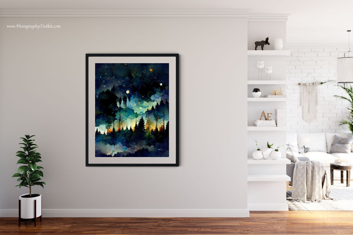 Starry Night Forest Pines Watercolor Glowing Horizon Night Sky Poster - Image 4