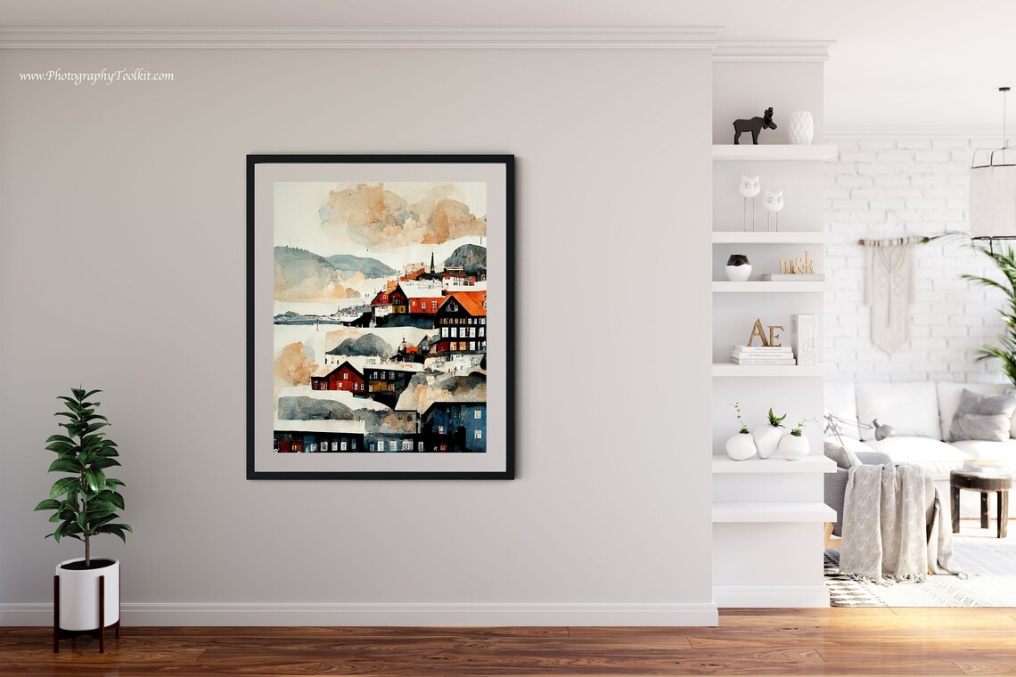 Bergen Norway Harbor Snowy Red Houses Watercolor Travel Poster - Image 4