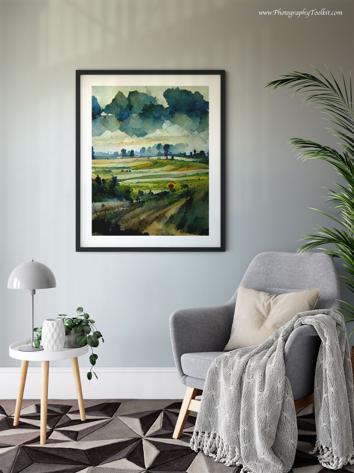 Green Fields Dark Storm Clouds Watercolor Rural Landscape Poster - Image 6