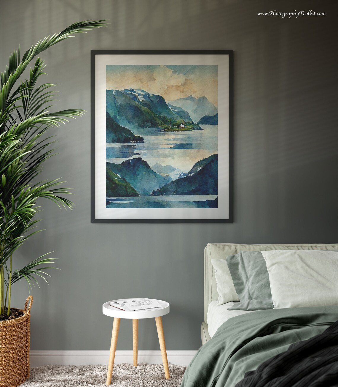 Norwegian Fjord Snow Peaks Village Watercolor Mountain Lake Poster - Image 3