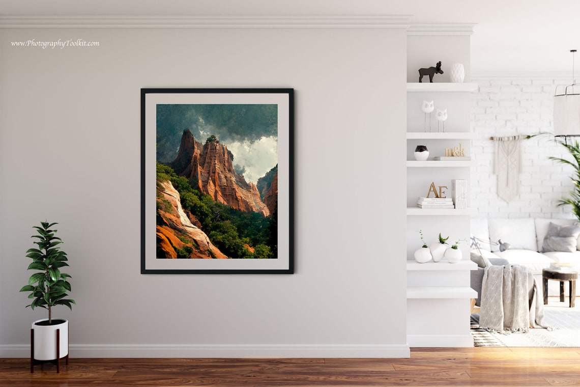 Zion Red Rock Spire Wall Art Lush Green Valley Dramatic Clouds Scenery - Image 4