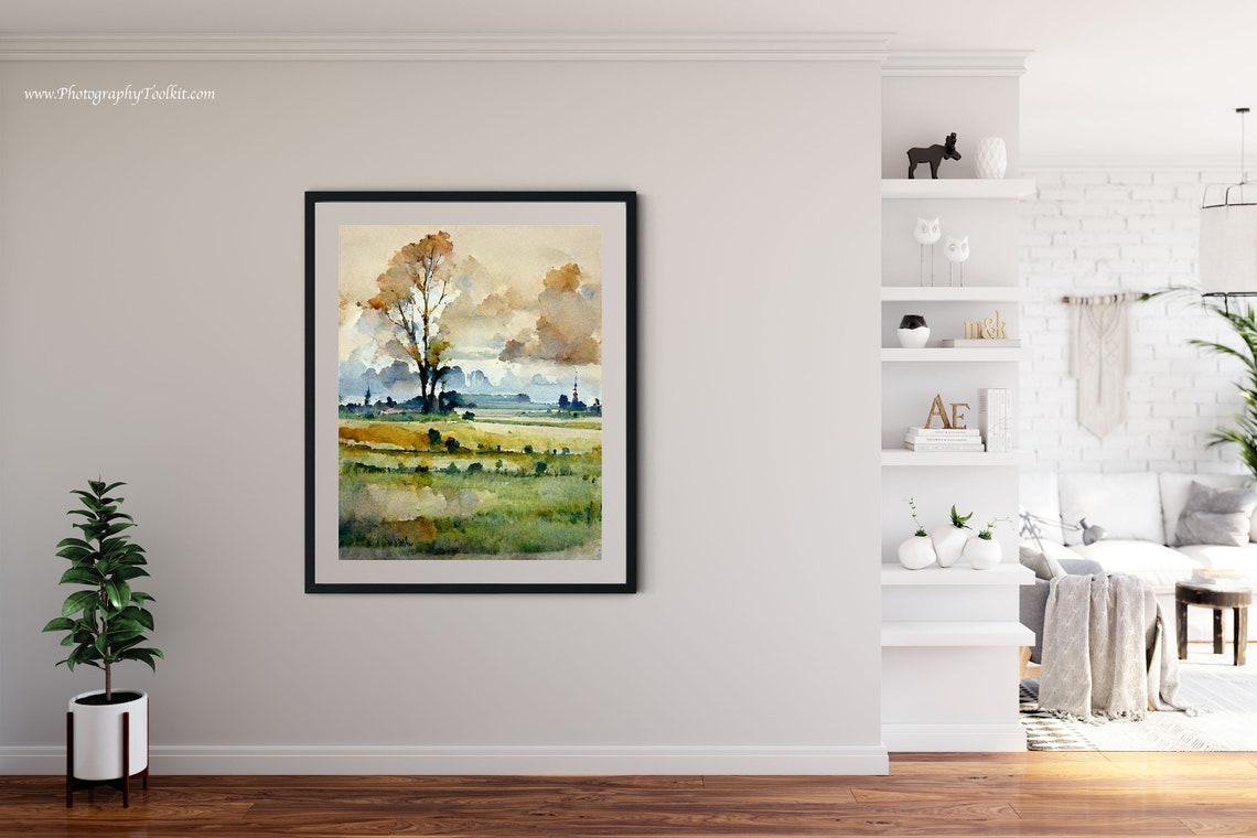 Lone Tree Meadow Soft Clouds Watercolor Tranquil Landscape Poster - Image 4