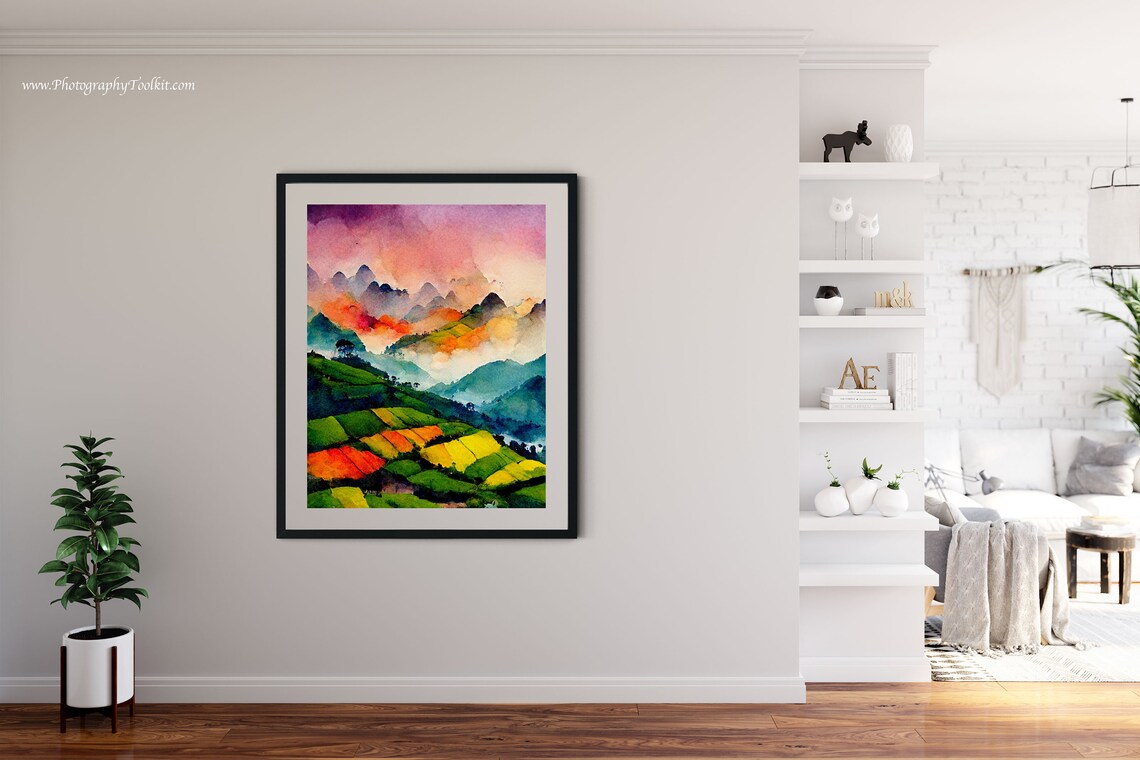 Vietnam Rice Terraces Misty Mountains Watercolor Sunset Poster - Image 4