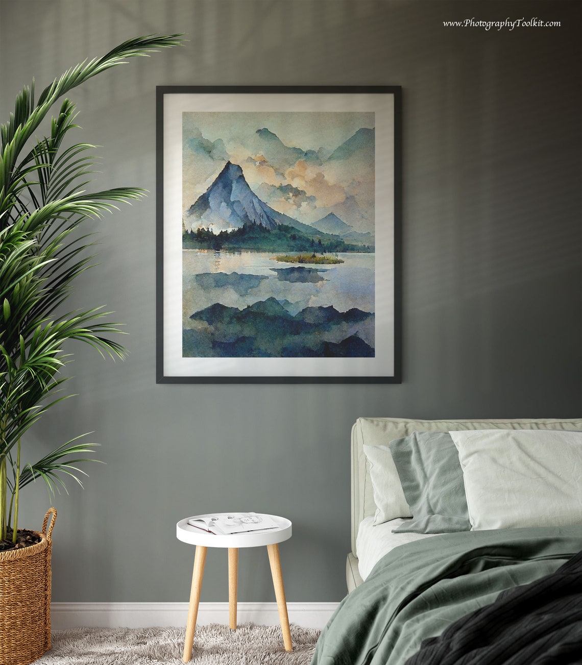Snowy Mountain Peak Over a Mirror Lake at Sunrise Watercolor Poster - Image 3