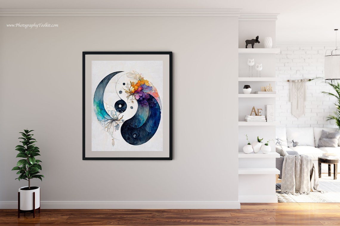Watercolor Yin Yang Symbol with Autumn Flowers Zen Balance Poster - Image 4