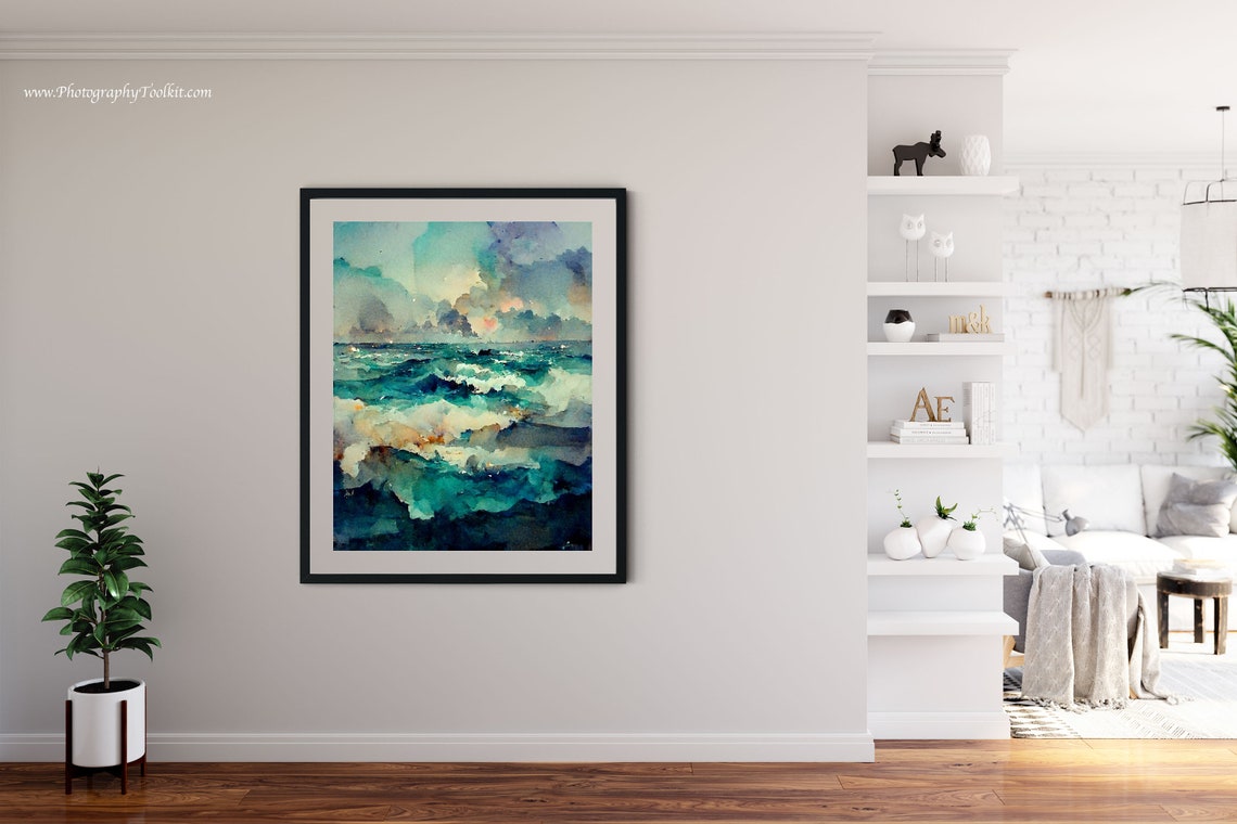 Turquoise Ocean Waves Sunset Clouds Watercolor Dramatic Sea Poster - Image 4