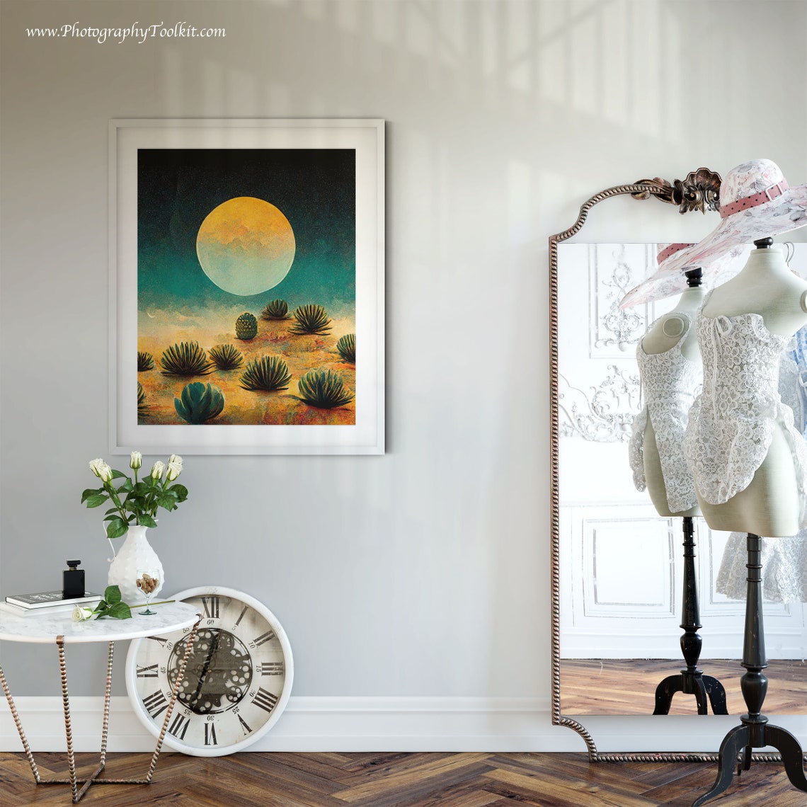 Desert Night Moon Wall Art Giant Yellow Moon Agave Plants Starry Sky - Image 6