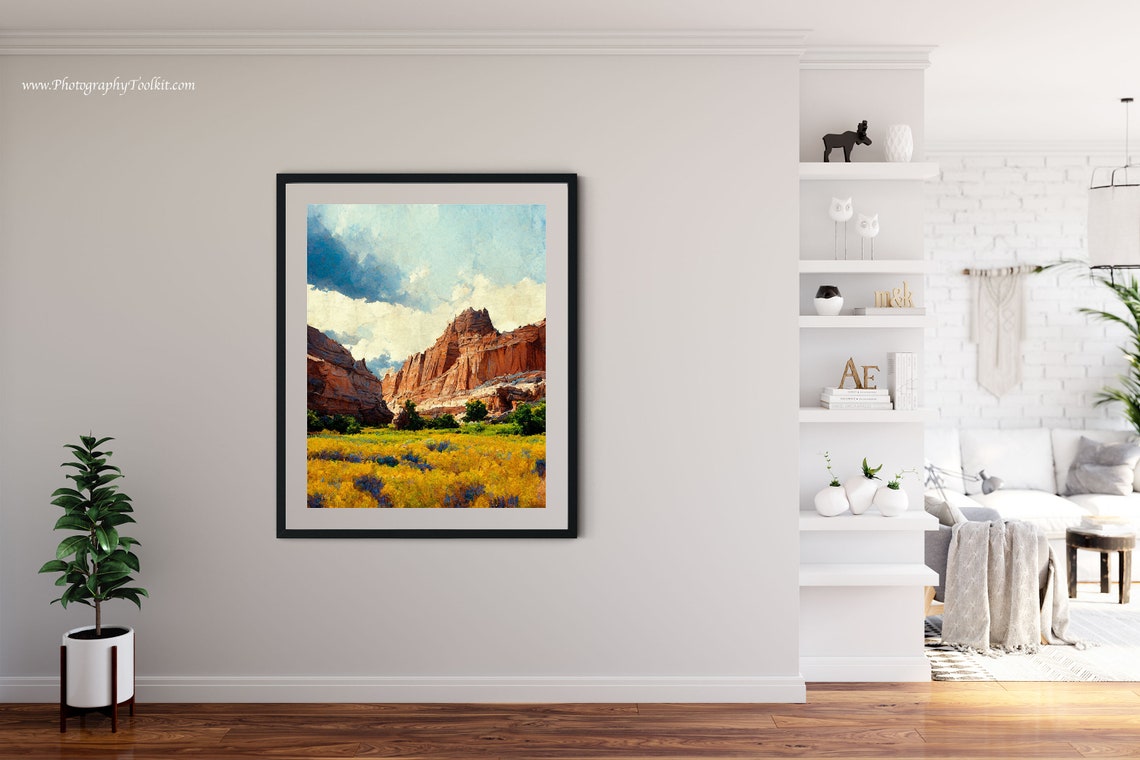 Capitol Reef Red Rock Canyon Golden Meadow Blue Clouds Utah Print - Image 4