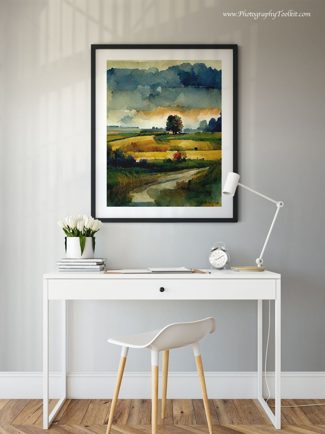 Lone Tree Winding Path Golden Field Stormy Sky Nature Art Poster - Image 2