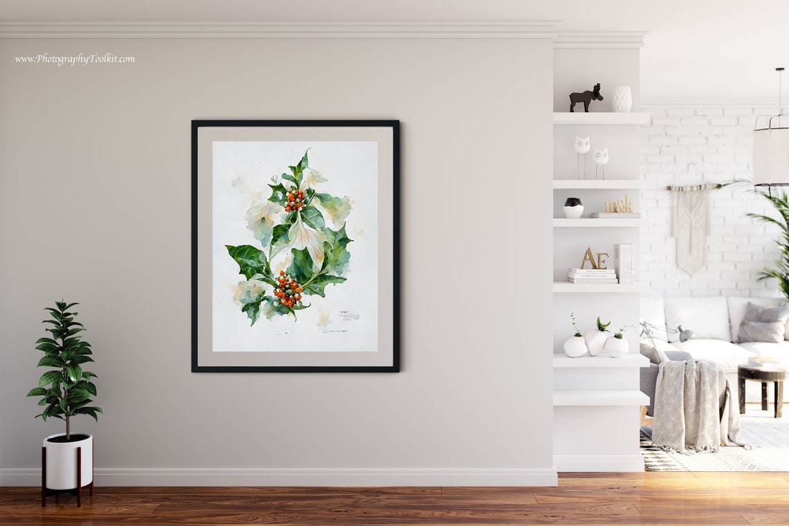 Winter Holly with Orange Berries Watercolor Botanical Art Poster - Image 4