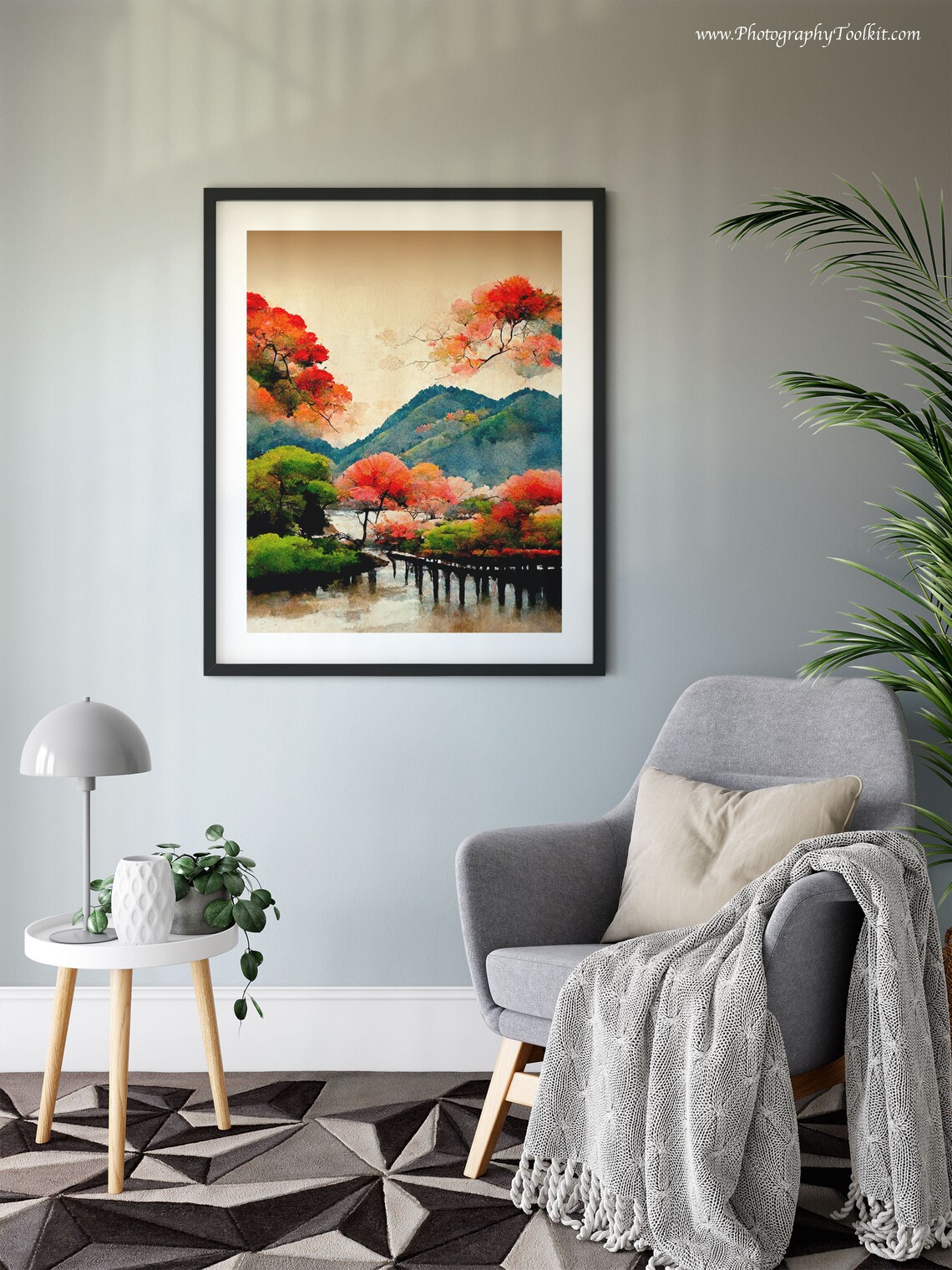 Japanese Red Maple Lake Wooden Bridge Autumn Watercolor Scene Poster - Image 6