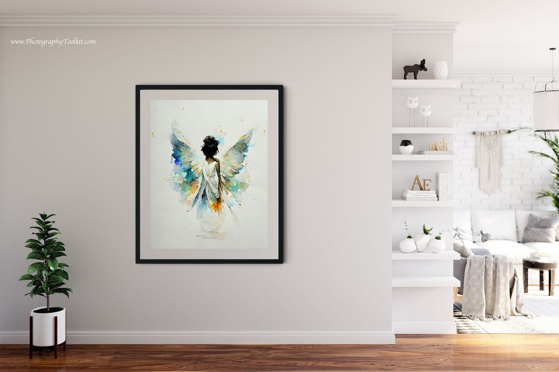 Angel with Watercolor Blue and Gold Wings Seen from Behind Art Poster - Image 4