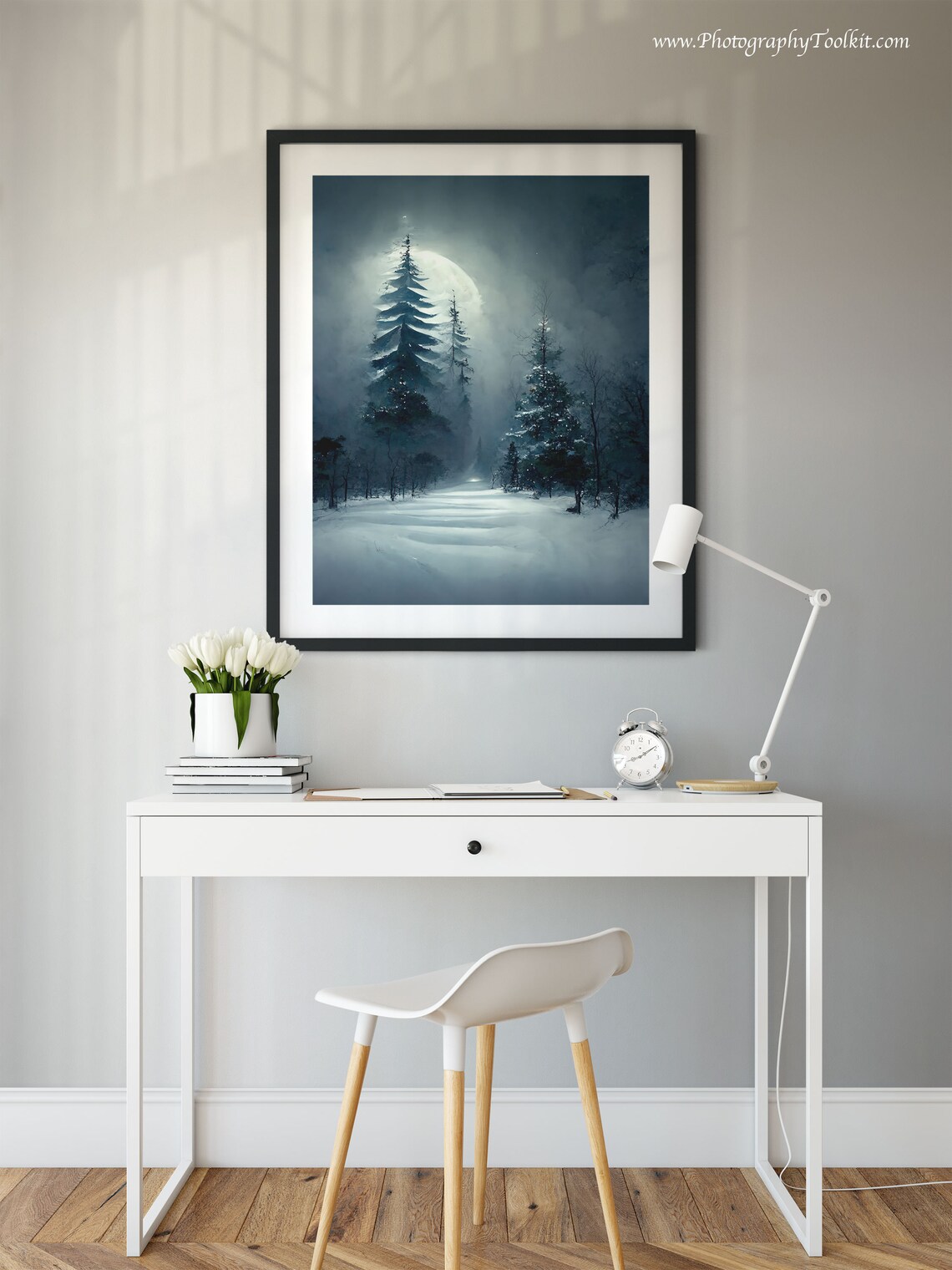 Moonlit Snowy Pine Forest Night Watercolor Winter Landscape Poster - Image 2