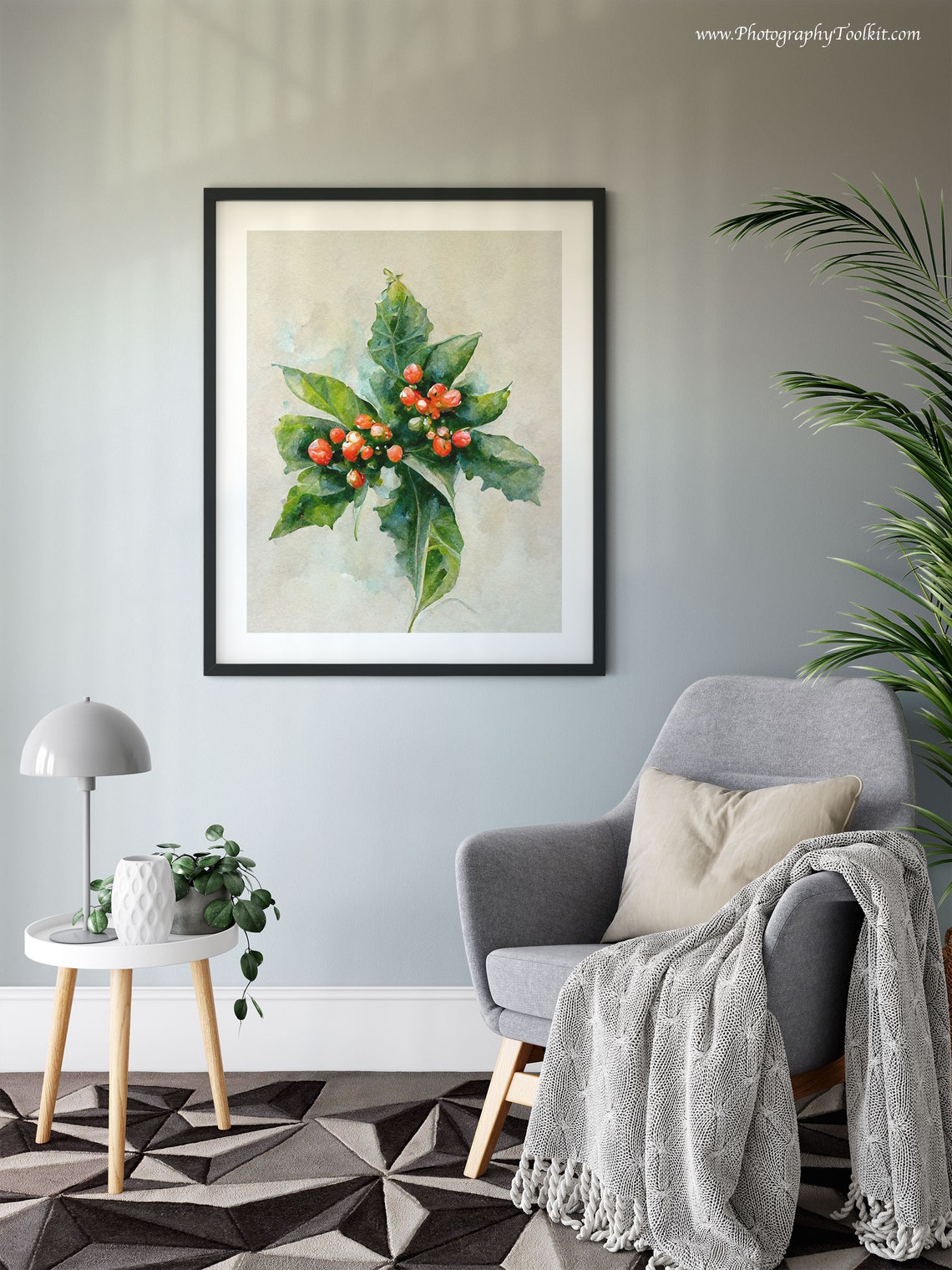 Red Berries and Green Holly Leaves Watercolor Botanical Art Poster - Image 6