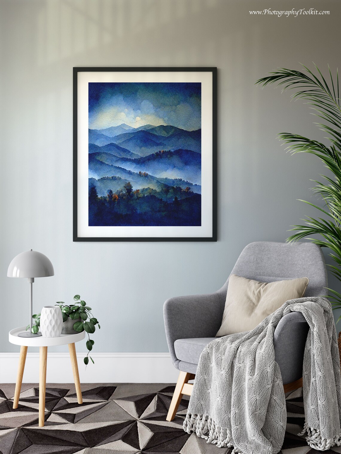Misty Blue Mountain Peaks Watercolor Soft Light Over Foggy Art Poster - Image 6