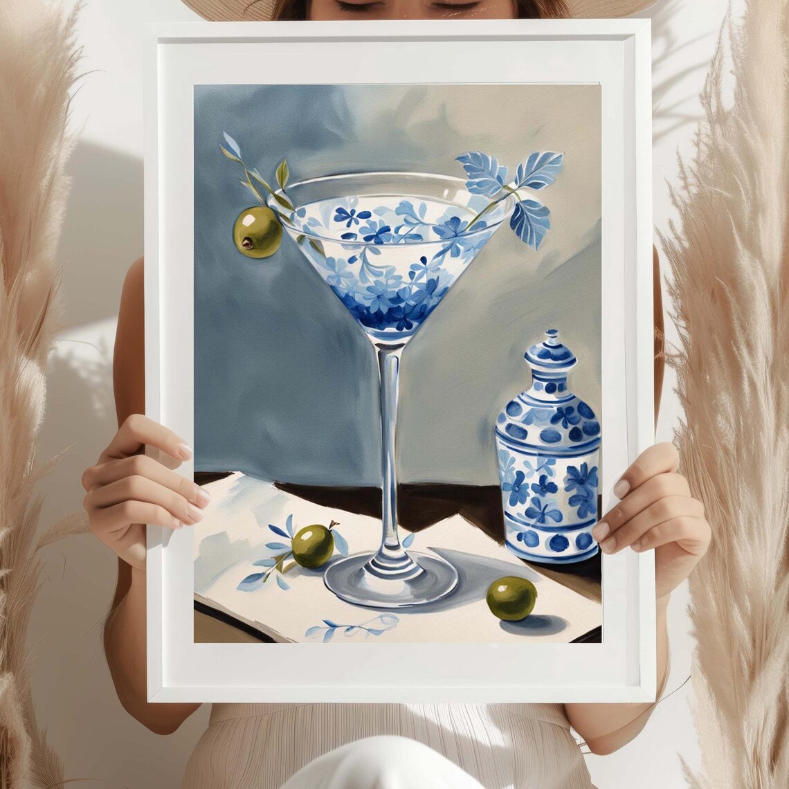 Blue Chinoiserie Bar Cart Art Print, Preppy Decor