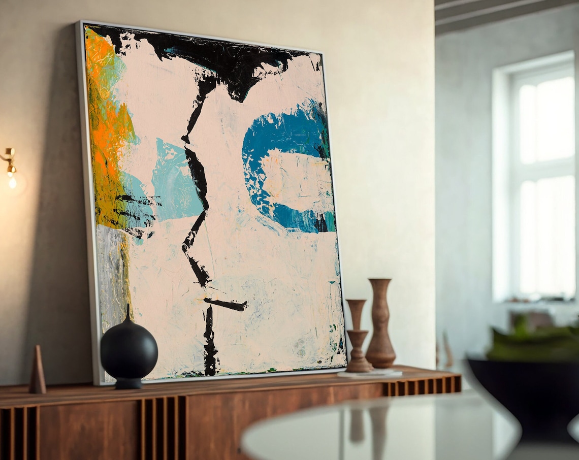 Pale Blush With Teal Blue Black Line Serene Minimalist Art Poster