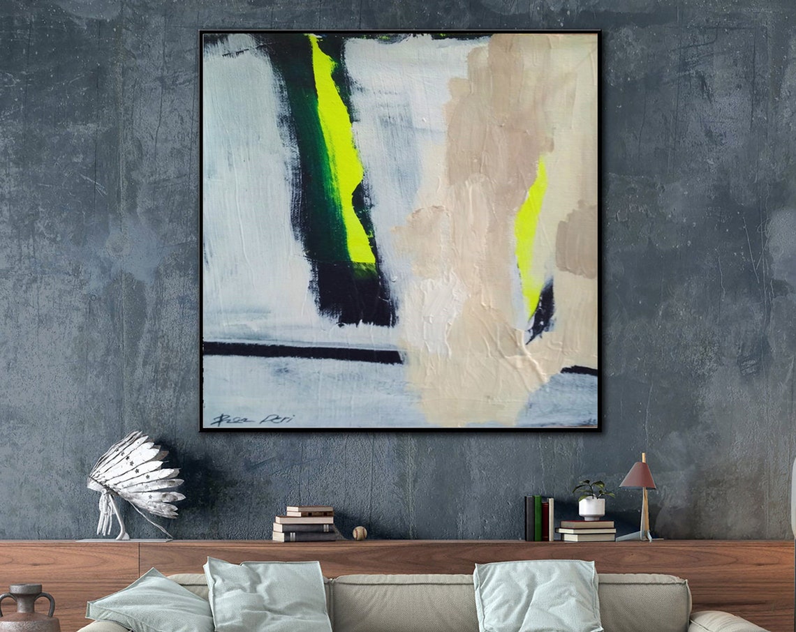 Minimalist Gray With Neon Lime Streak Contemporary Art Poster - Image 5
