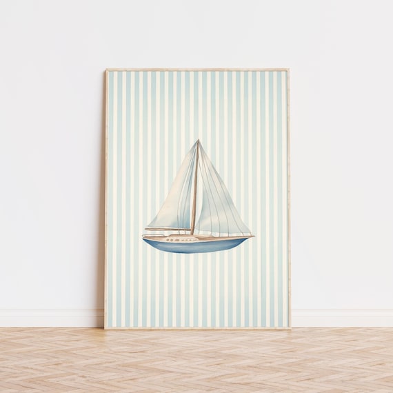 Watercolor Sailboat Blue Striped Coastal Nautical Beach House Poster