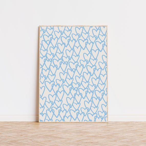 Coastal Blue Heart Print Simple Cute Navy Bar Cart Art Trendy Prints Preppy Room Decor Wall Museum Quality