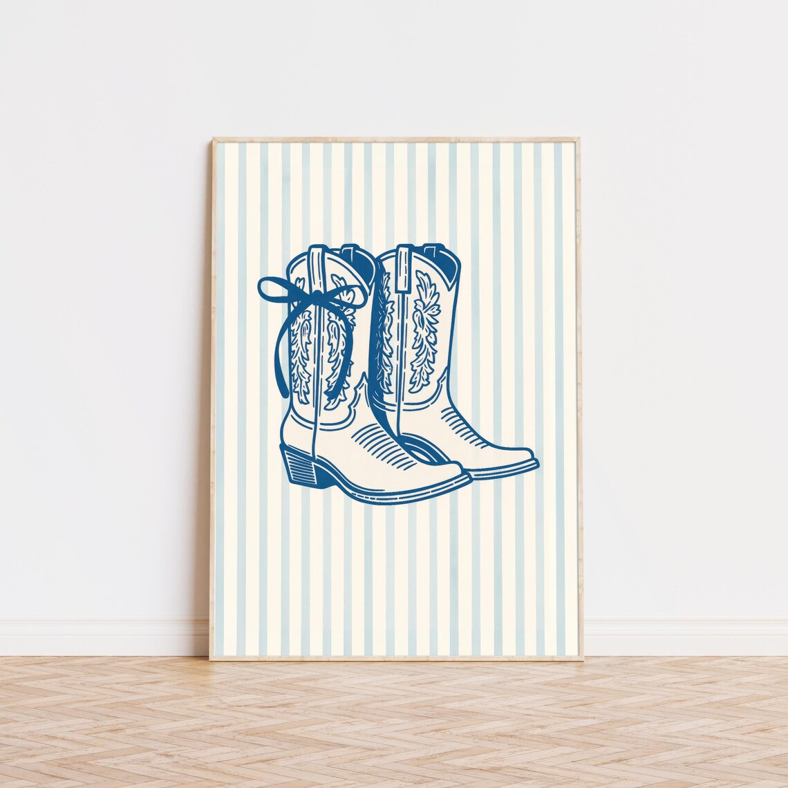 Navy Blue Cowboy Boots Line Art Striped Trendy Western Bar Cart Poster