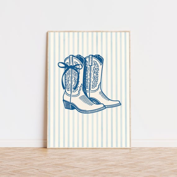 Cowboy Boots Print Navy Blue Western Striped Poster Trendy Art Prints Preppy Room Decor Wall Museum Quality