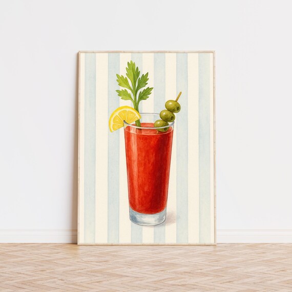 Bloody Mary Watercolor Brunch Cocktail Striped Bar Art Print
