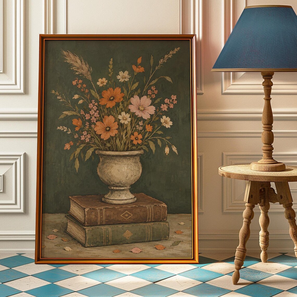Vintage Wildflower Urn Still Life Antique Books Dark Academia Poster