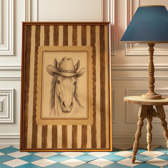 Horse Wearing Cowboy Hat Vintage Sketch Striped Western Poster