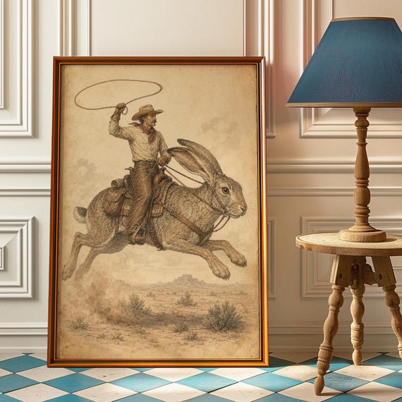 Cowboy Riding Rabbit Poster Funny Framed Wall Art Vintage Western Print