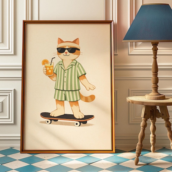 Ginger Cat In Striped Pajamas Sunglasses Skateboard Funny Poster