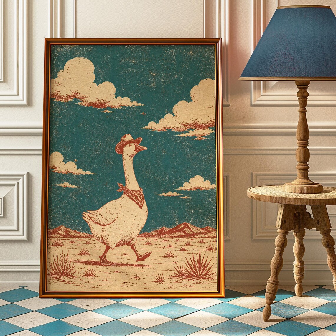 Cowboy Goose Nursery Poster, Vintage Desert Art Print