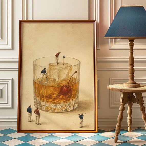 Surreal Golf Whiskey Poster Framed Wall Art Vintage Watercolor Print Country Club Decor Golfer Gift Bar Room