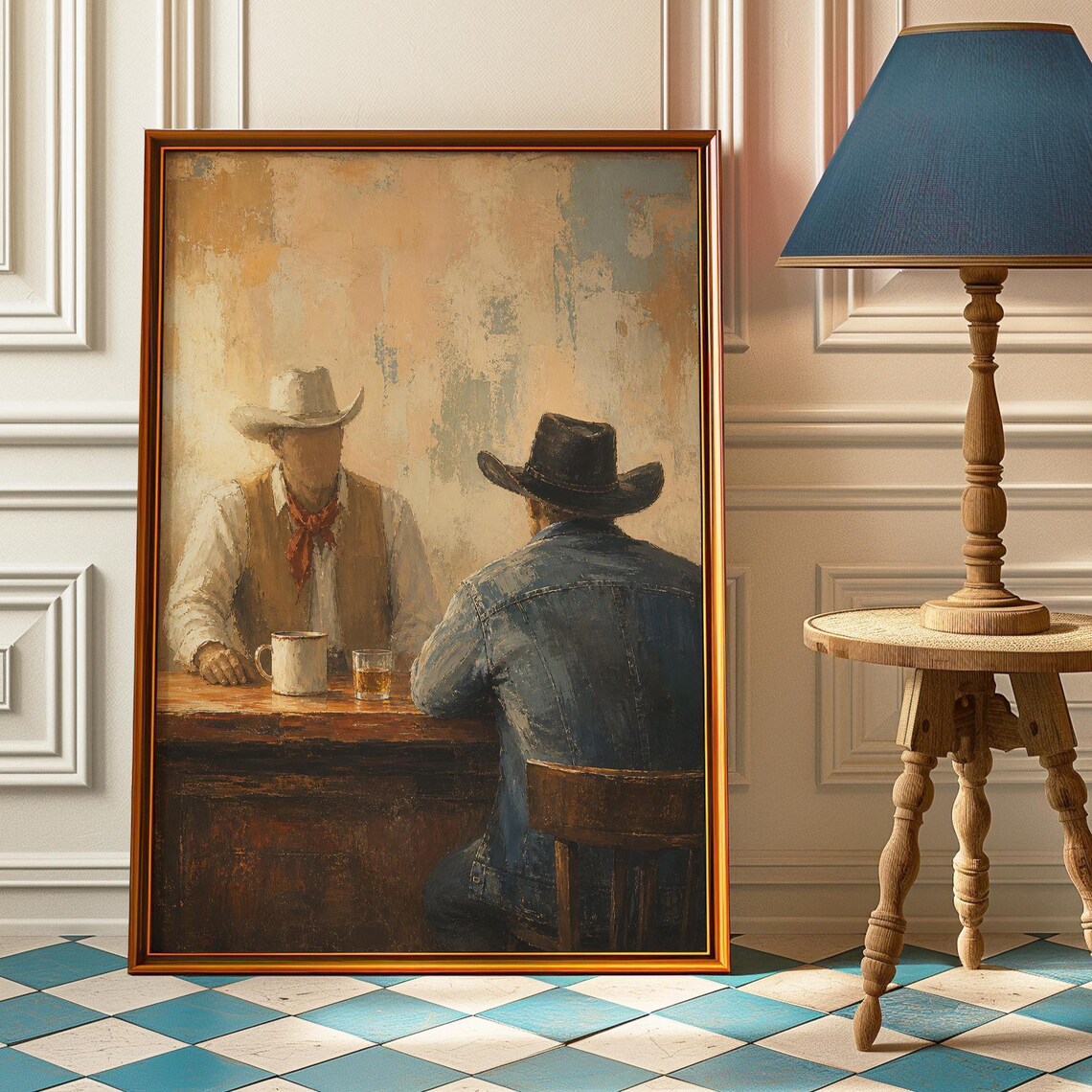 Two Cowboys Whiskey Bar Vintage Western Saloon Painting Rustic Mancave Poster