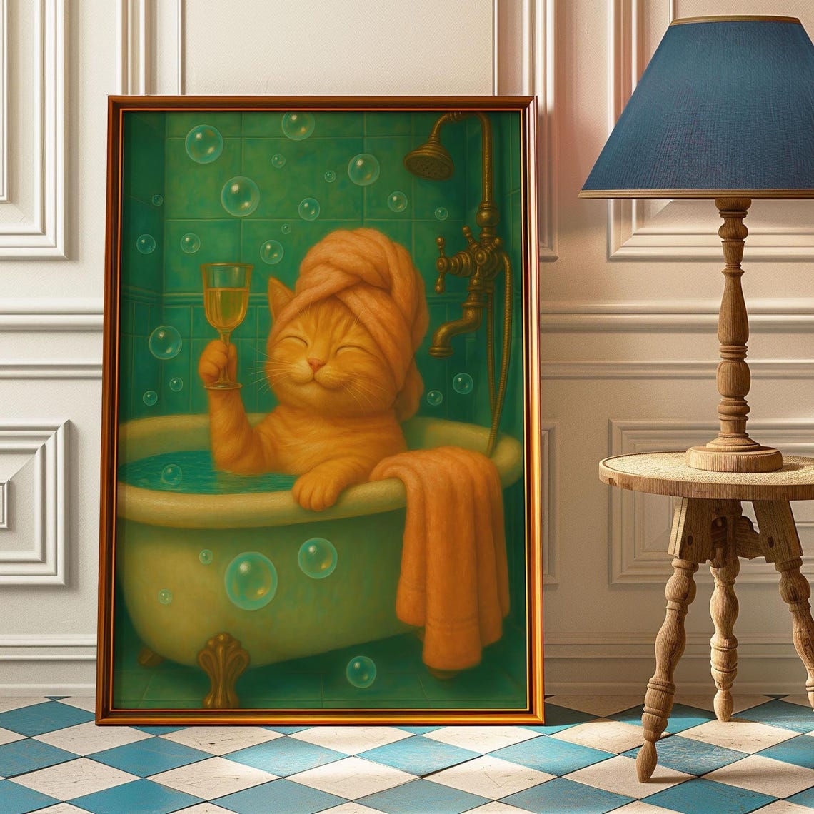 Pampered Orange Cat Bathtub Champagne Bubble Bath Funny Poster
