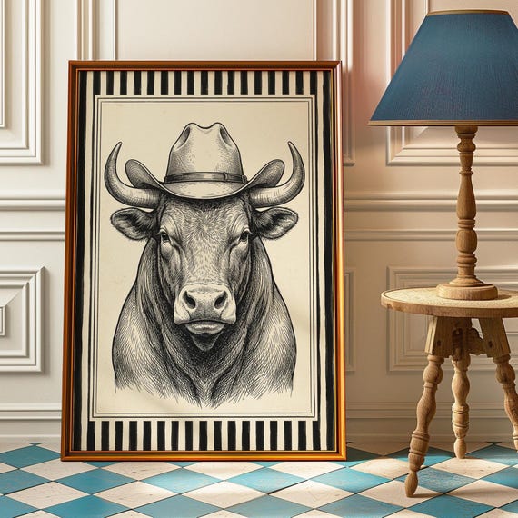 Western Bull Poster Black White Longhorn Wall Art Modern Cowboy Print Minimalist Ranch Decor