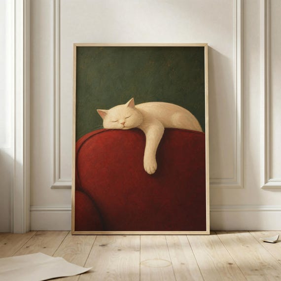 White Cat Red Chair Cozy Living Room Art Print