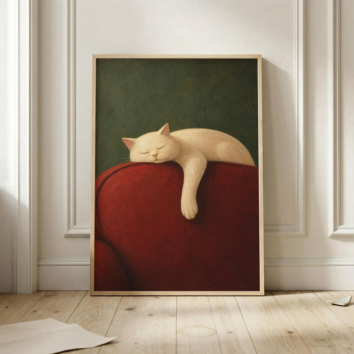White Cat Red Chair Cozy Living Room Art Print