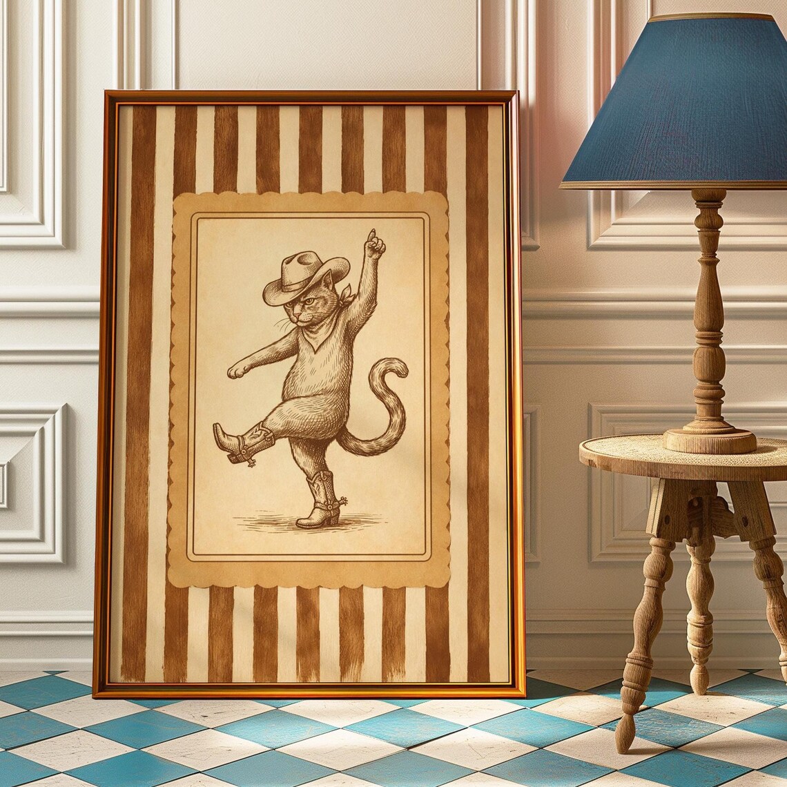 Whimsical Dancing Cowboy Cat Poster, Vintage Nursery Art