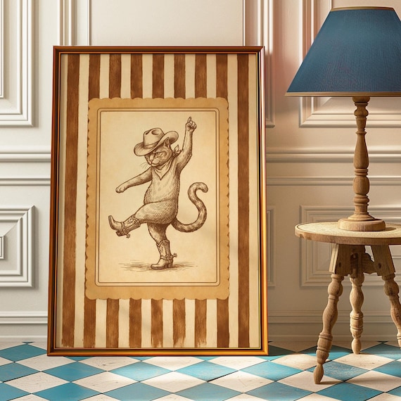 Whimsical Dancing Cowboy Cat Poster, Vintage Nursery Art