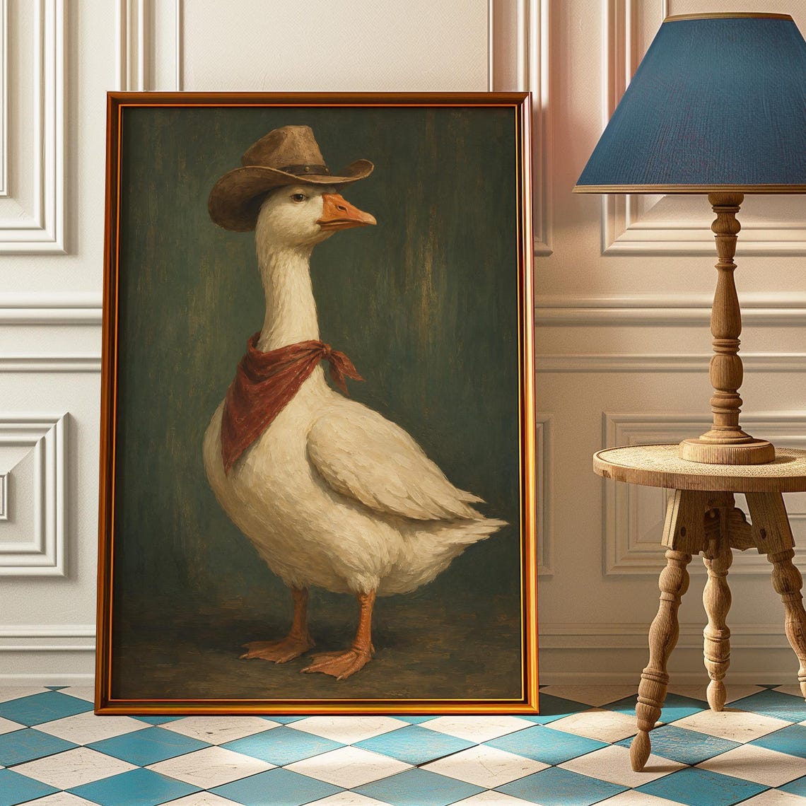 Funny Cowboy Goose Oil Painting Western Duck Portrait Poster