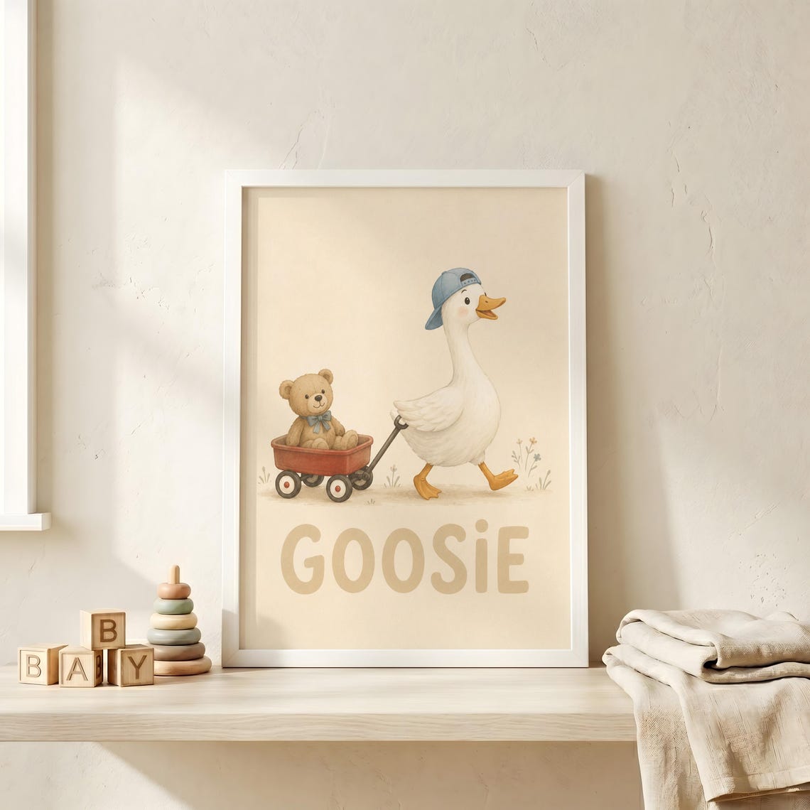 Goosie Goose Pulling Teddy Bear Wagon Nursery Poster Cute Baby Decor
