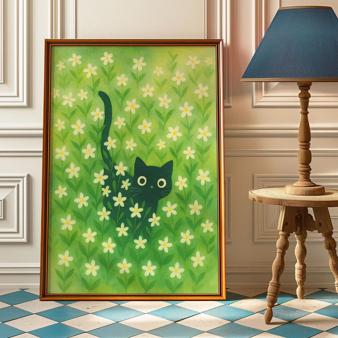 Black Cat in Daisy Field Whimsical Green Floral Nursery Poster