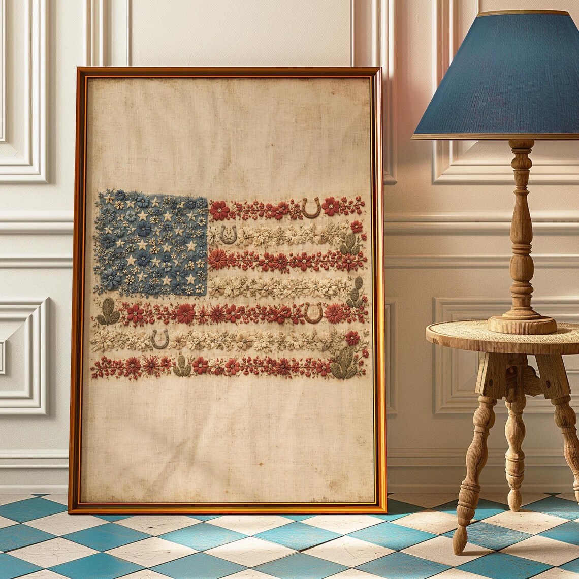 Vintage Floral American Flag Poster Print, Americana